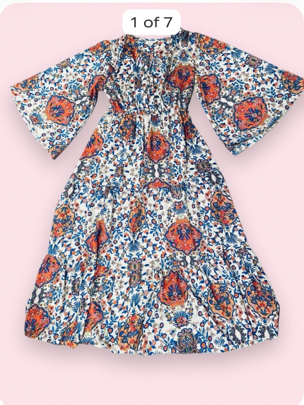 BOEMO Paisley Floral Maxi Dress Boho Festival Style Tiered Kimono Sleeves
